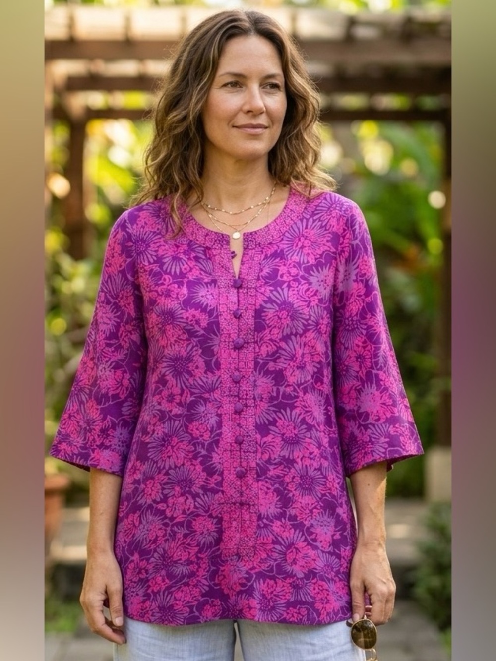 Batik Keris Women's Blouse Floral 3/4 Sleeve Boho Tunic Indonesia Size M